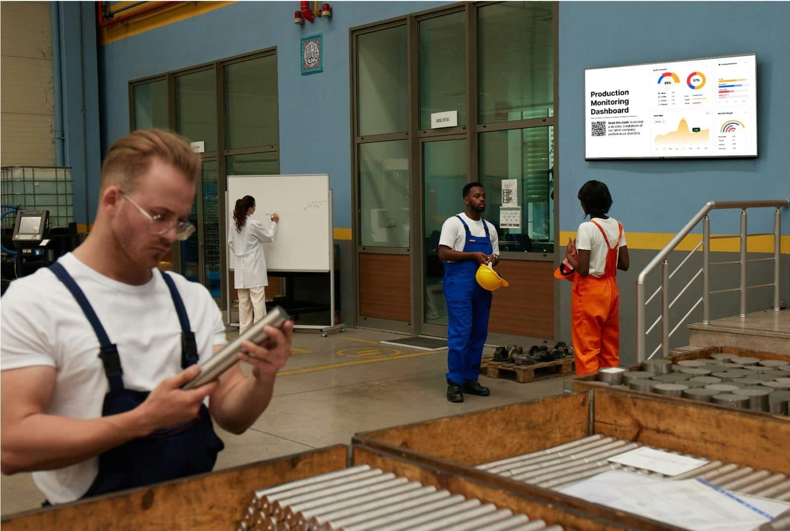 Factory workers look at messages on industrial digital signage